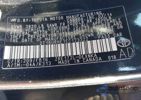2014 Toyota Corolla Le from USA, damaged, VIN 2T1BURHE1EC123322